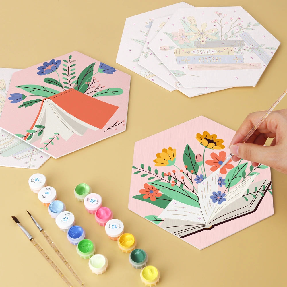 Paint by Numbers – 6 Mini Paintings | Books and Flowers Hexagons (Hexagon)