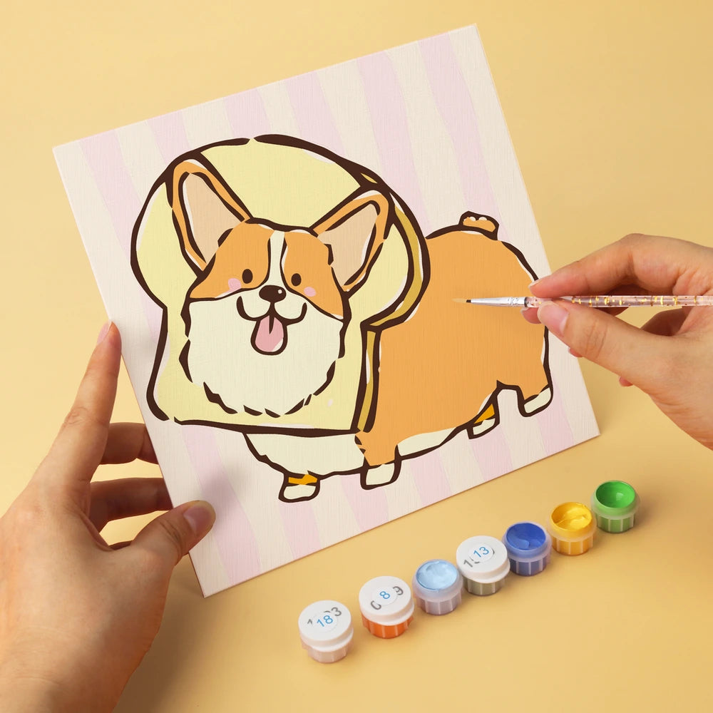Paint by Numbers – 6 Mini Paintings | Corgi Bread Bakery (Square)