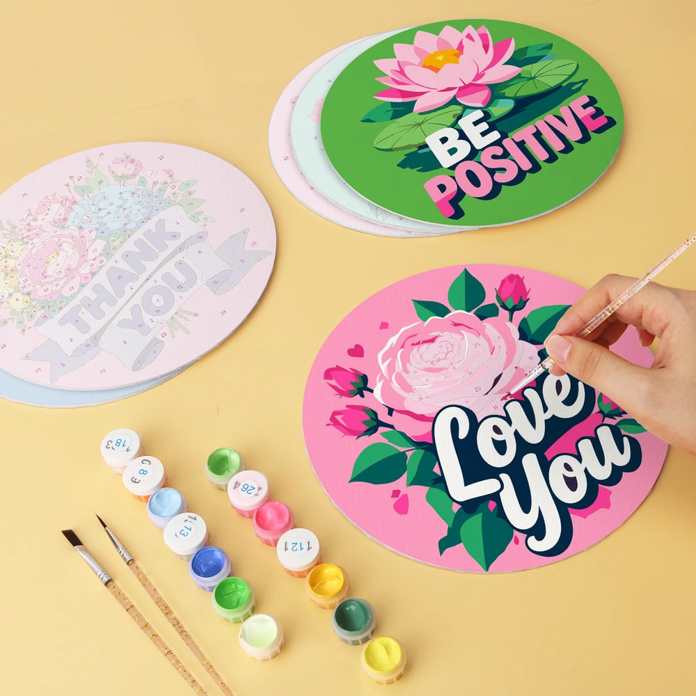 Paint by Numbers – 6 Mini Paintings | Kind Words Flower Rounds (Round)