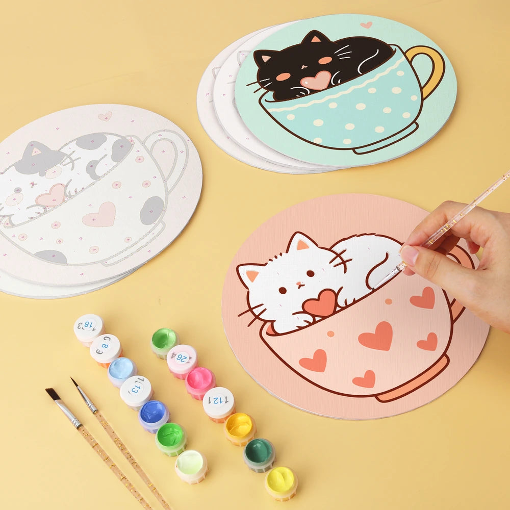 Paint by Numbers – 6 Mini Paintings | Kittens in Teacups (Round)