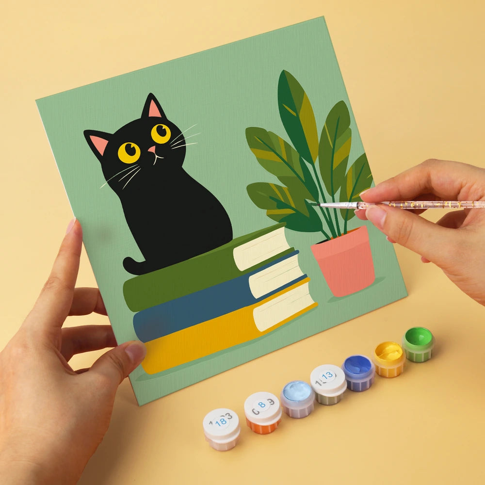 Paint by Numbers – 6 Mini Paintings | Reading Cats with Books (Square)
