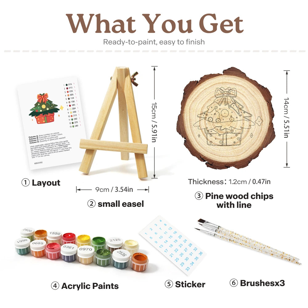 
Paint by Numbers - Wood Slice | Christmas Tree with Presents