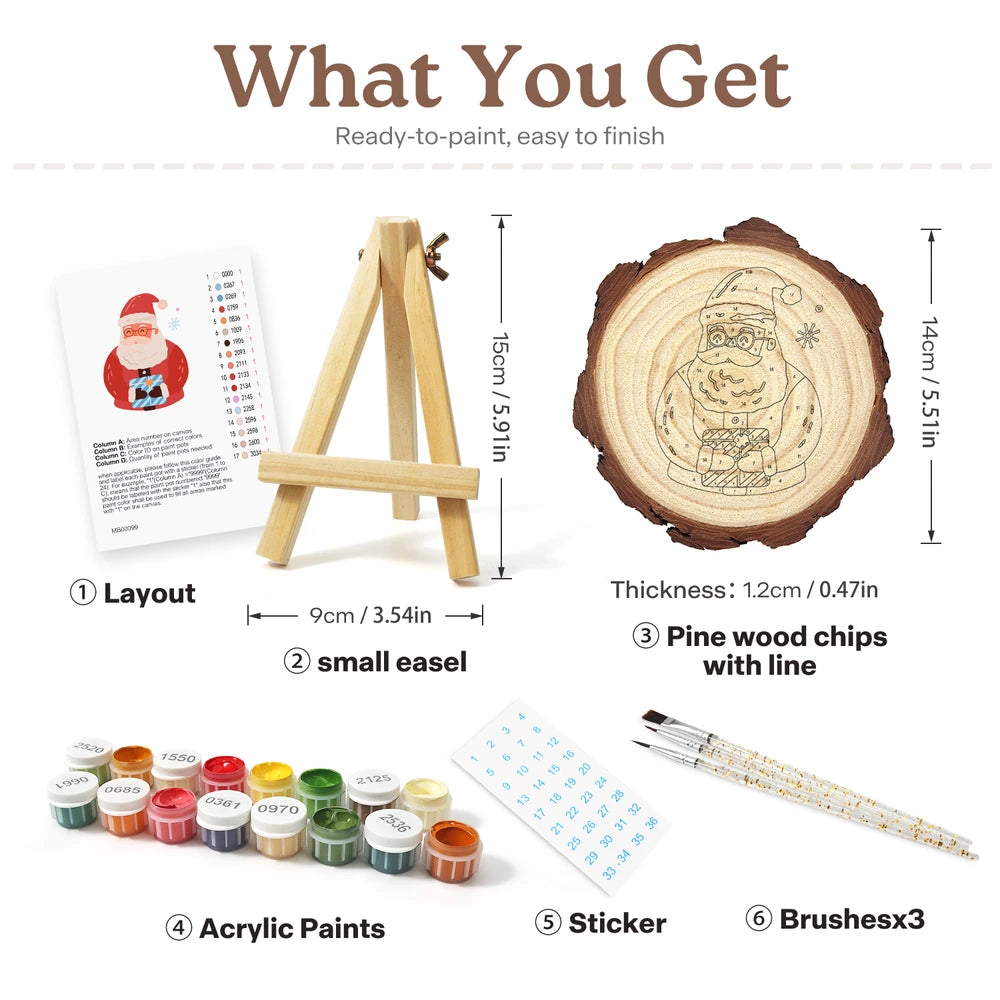 
Paint by Numbers - Wood Slice | Santa with a Blue Gift