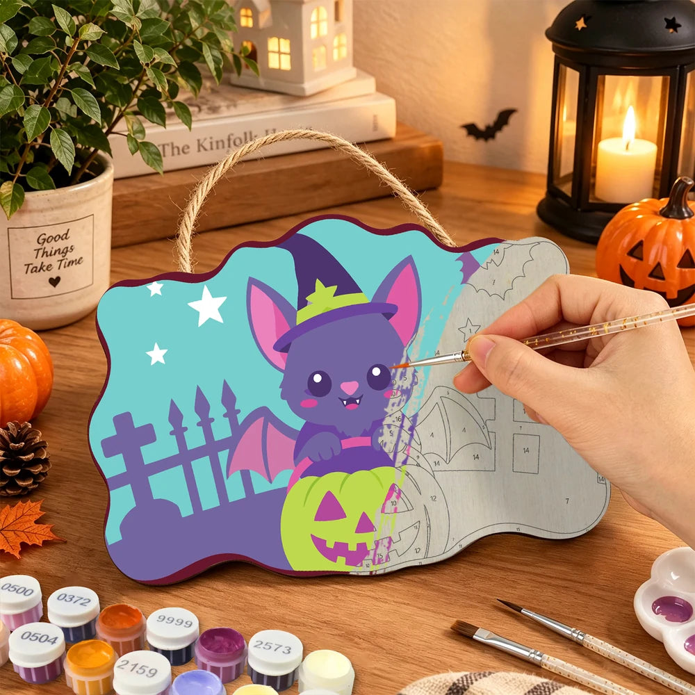 Paint by Numbers - Wooden Door Hanger | Bat in a Witch Hat with a Pumpkin