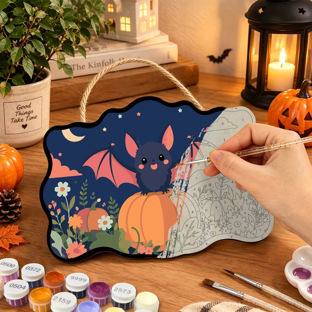 Paint by Numbers - Wooden Door Hanger | Bat on Pumpkins at Dusk