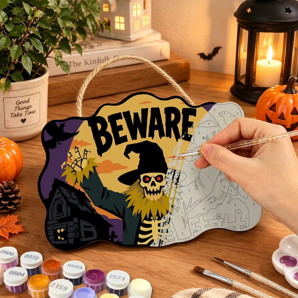 
Paint by Numbers - Wooden Door Hanger | Beware Skeleton Scarecrow