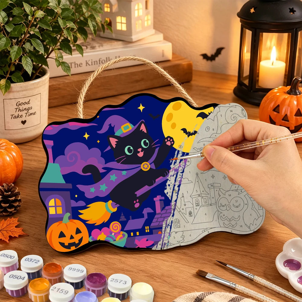 Paint by Numbers - Wooden Door Hanger | Black Cat Witch Flying Over Town