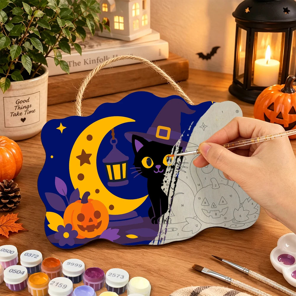 Paint by Numbers - Wooden Door Hanger | Black Cat Witch with a Lantern Moon