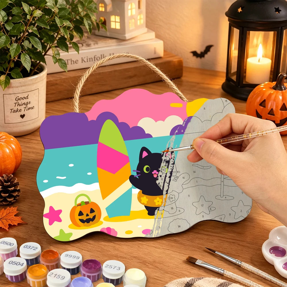 Paint by Numbers - Wooden Door Hanger | Black Cat at the Beach