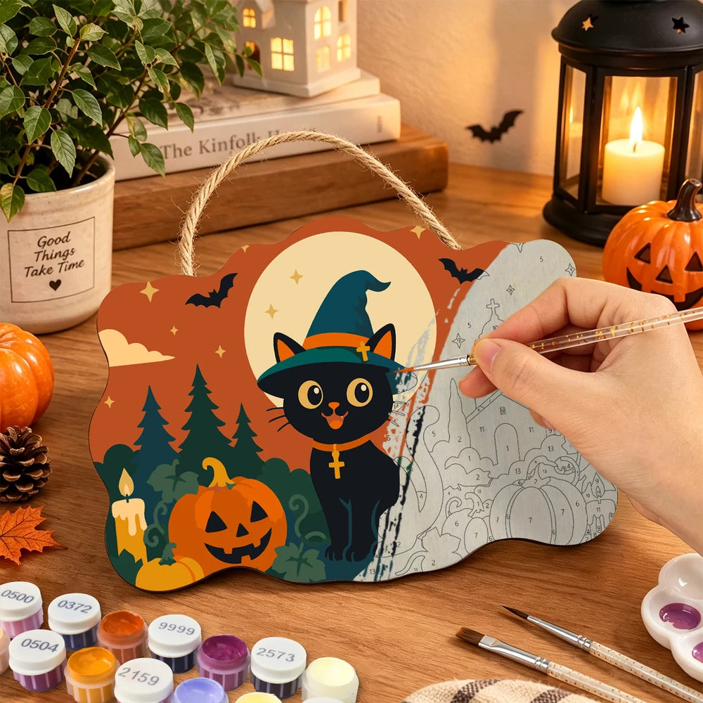 Paint by Numbers - Wooden Door Hanger | Black Cat in a Witch Hat by the Church