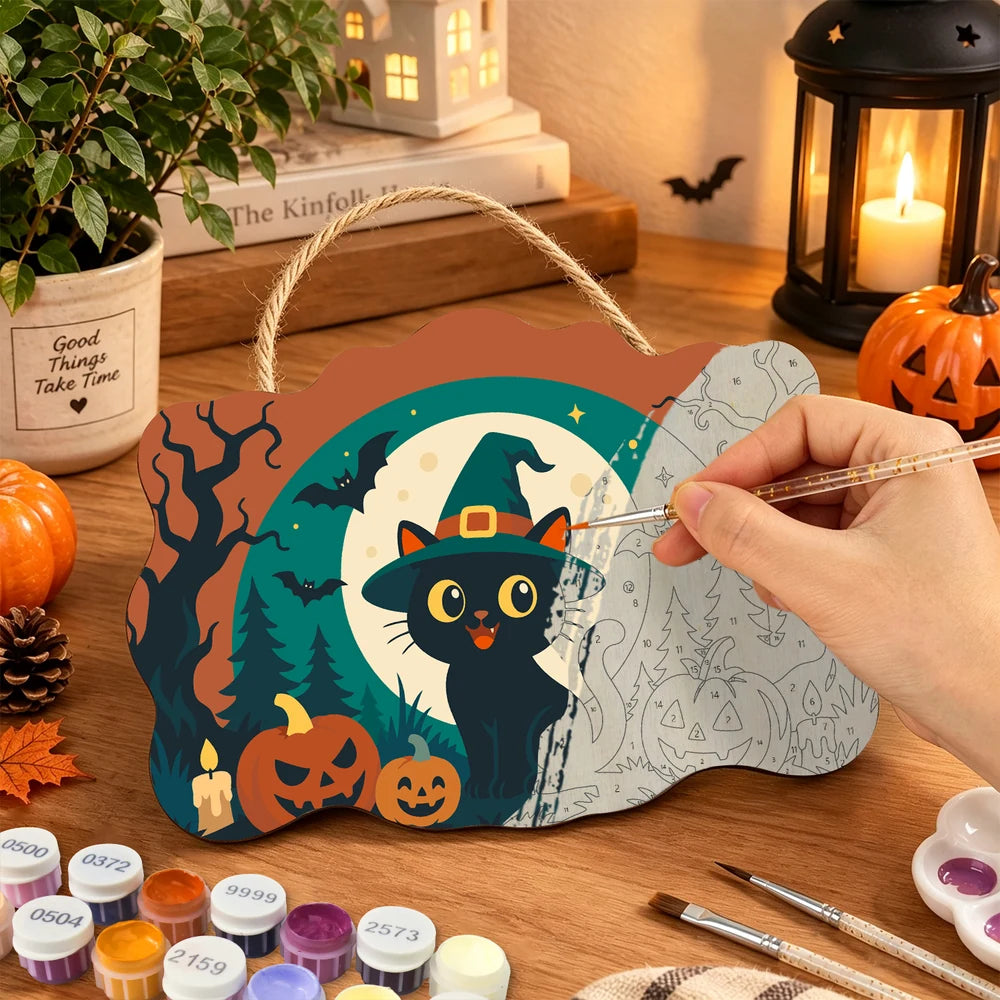 
Paint by Numbers - Wooden Door Hanger | Black Cat in a Witch Hat with Pumpkins