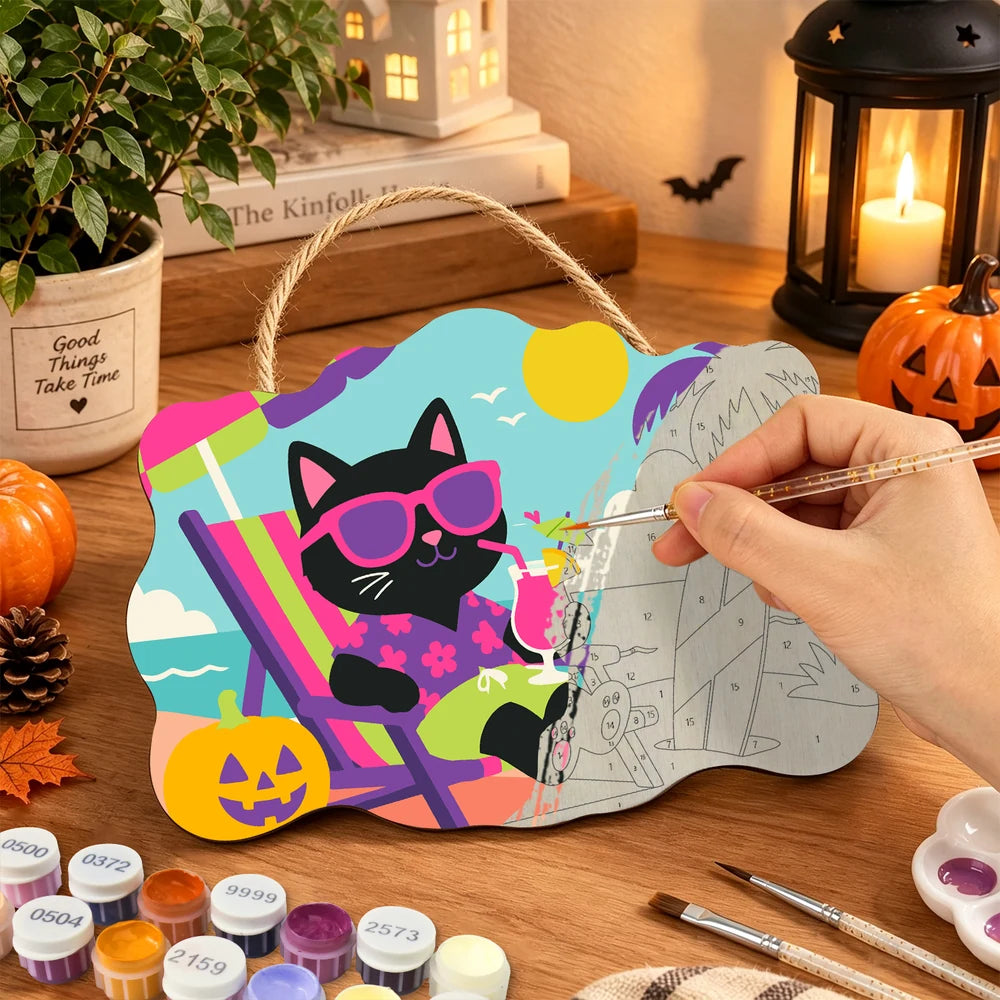 
Paint by Numbers - Wooden Door Hanger | Black Cat on Vacation