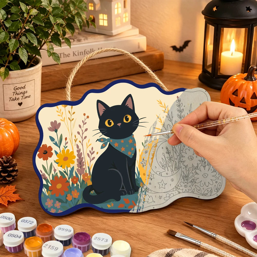 Paint by Numbers - Wooden Door Hanger | Black Cat with a Crescent Moon in the Meadow
