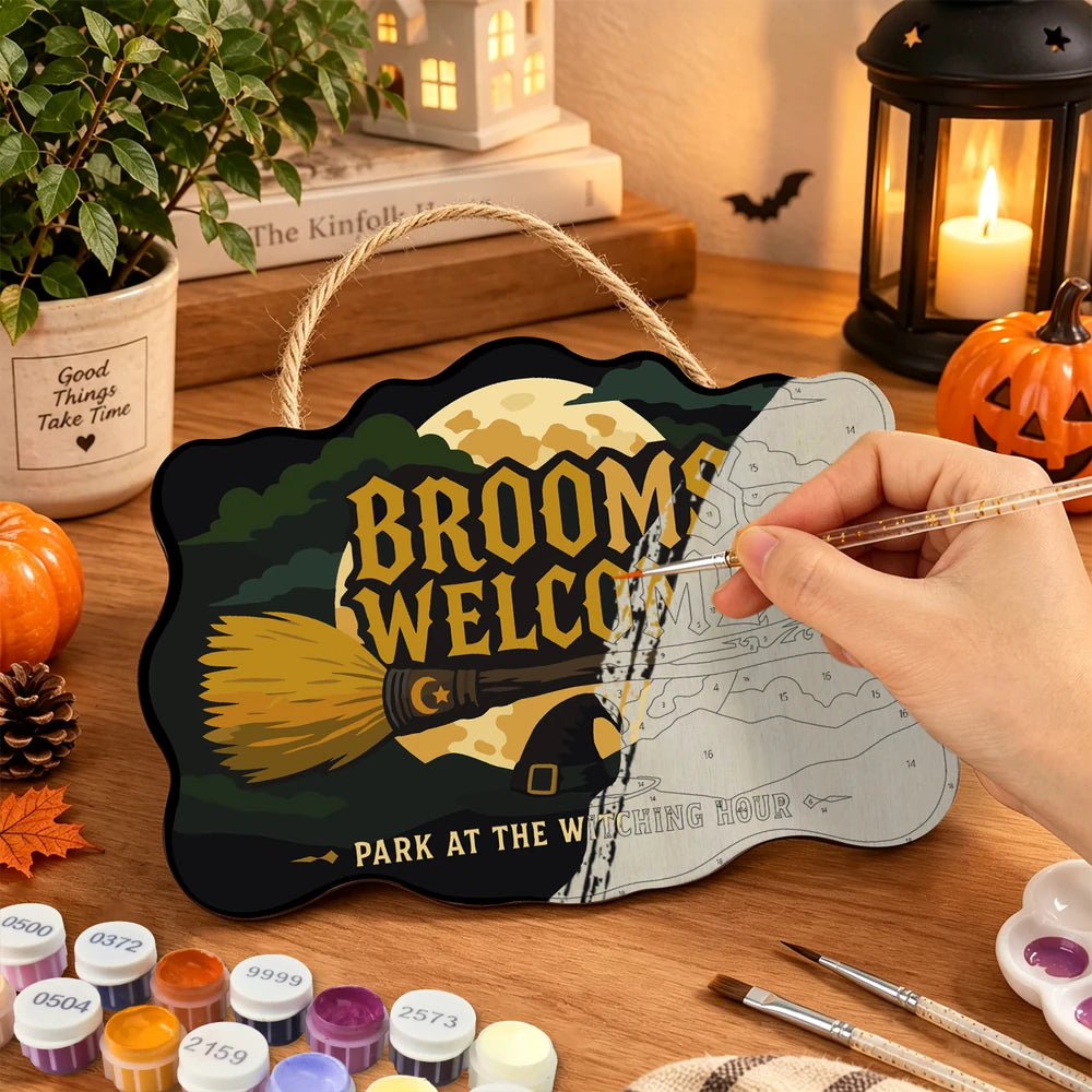 Paint by Numbers - Wooden Door Hanger | Brooms Welcome at the Witching Hour