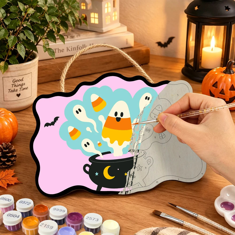 Paint by Numbers - Wooden Door Hanger | Candy Corn Ghosts in the Cauldron