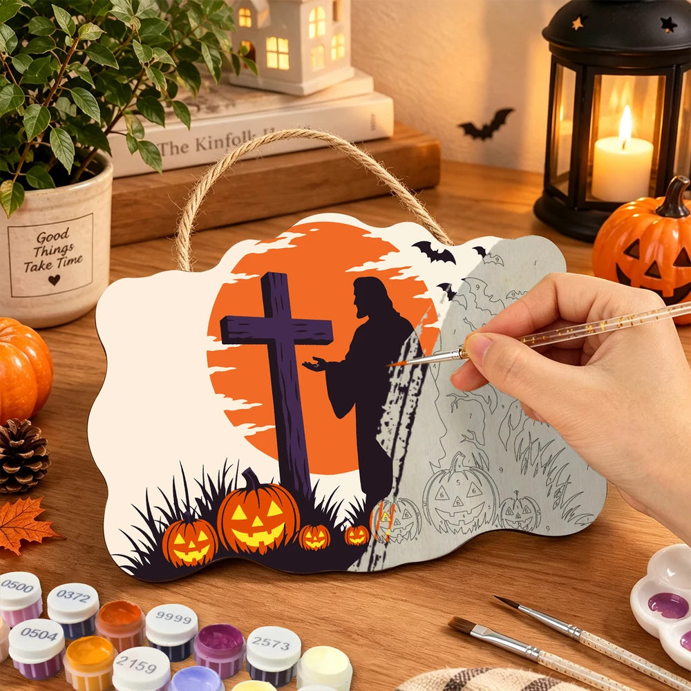 Paint by Numbers - Wooden Door Hanger | Cross at Sunset with Pumpkins