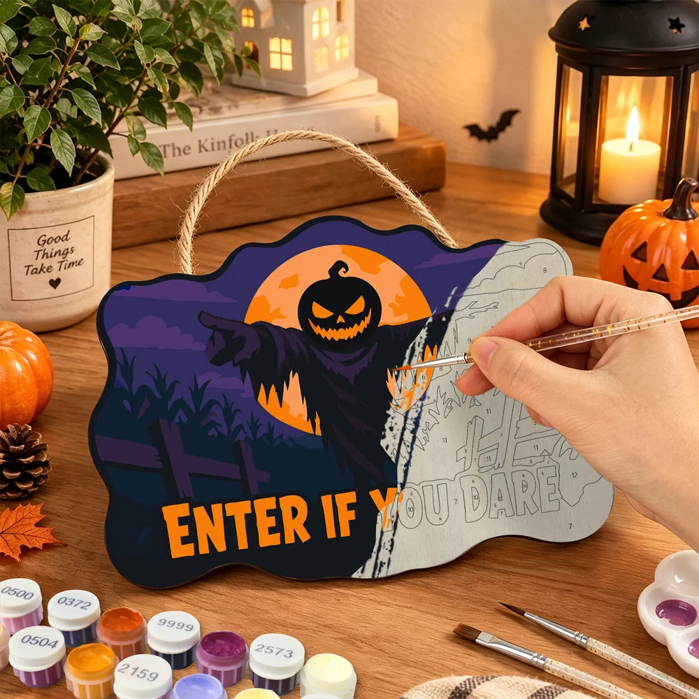 Paint by Numbers - Wooden Door Hanger | Enter If You Dare Pumpkin Scarecrow