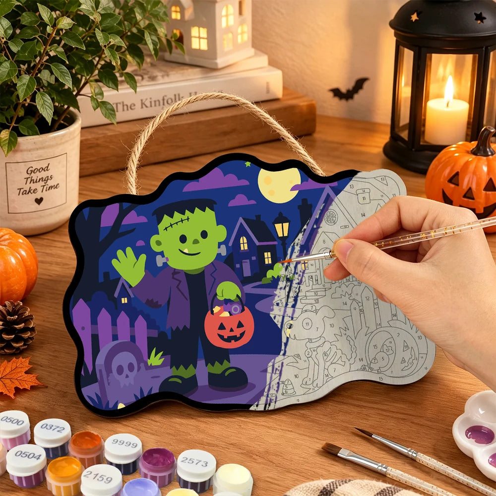 
Paint by Numbers - Wooden Door Hanger | Frankenstein Trick-or-Treating