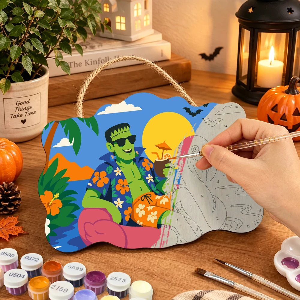 Paint by Numbers - Wooden Door Hanger | Frankenstein on a Flamingo Float