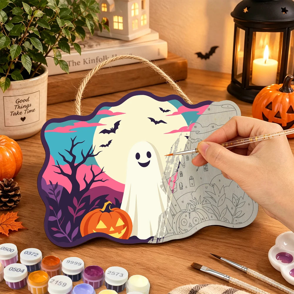 Paint by Numbers - Wooden Door Hanger | Friendly Ghost Under the Full Moon