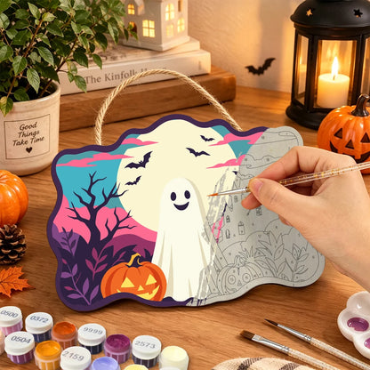 Paint by Numbers - Wooden Door Hanger | Friendly Ghost Under the Full Moon
