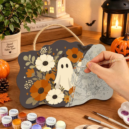 Paint by Numbers - Wooden Door Hanger | Ghost Among Autumn Flowers