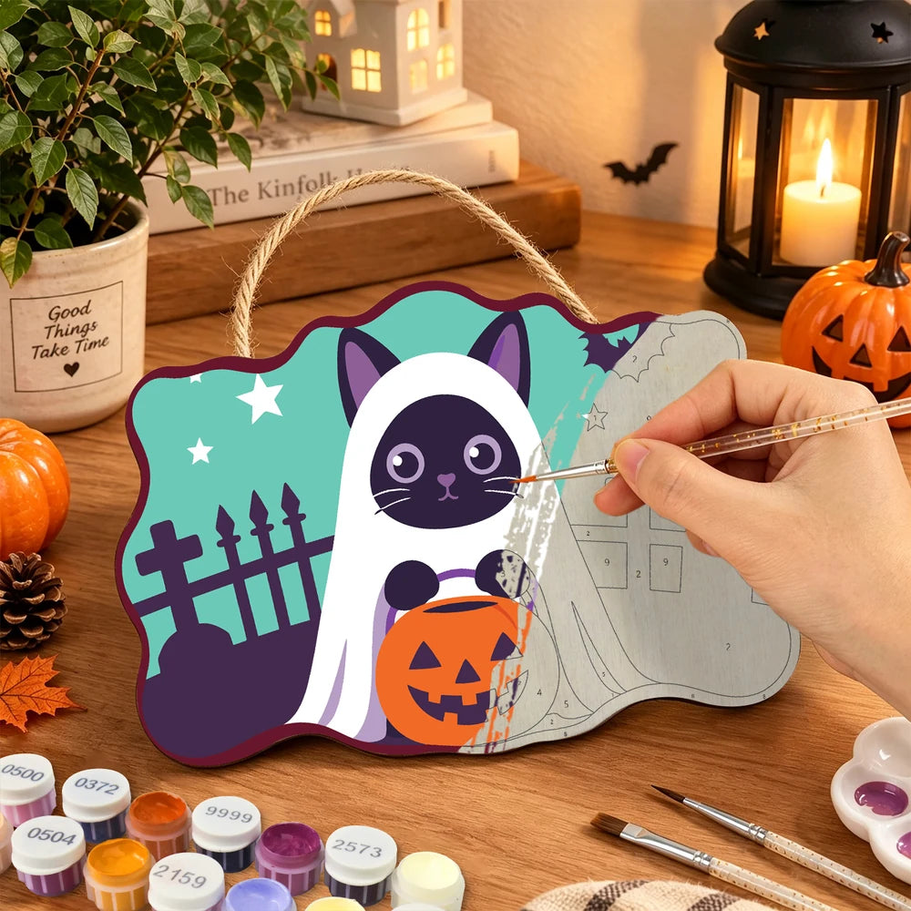 Paint by Numbers - Wooden Door Hanger | Ghost Cat with a Pumpkin
