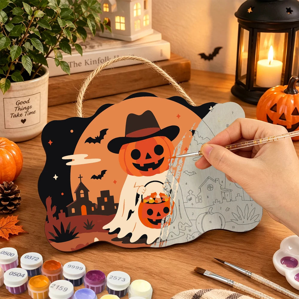 Paint by Numbers - Wooden Door Hanger | Ghost Cowboy with a Pumpkin