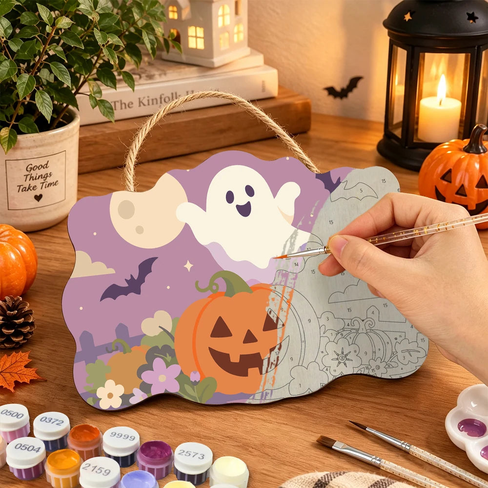Paint by Numbers - Wooden Door Hanger | Ghost Over a Jack-o'-Lantern at Dusk