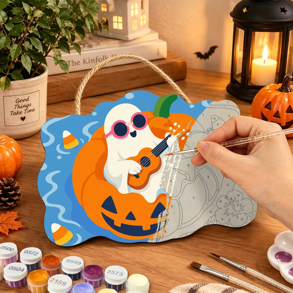 Paint by Numbers - Wooden Door Hanger | Ghost Playing Ukulele on a Pumpkin Float