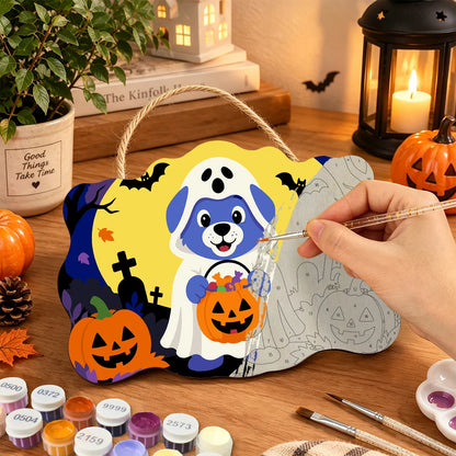 Paint by Numbers - Wooden Door Hanger | Ghost Puppy with a Candy Bucket