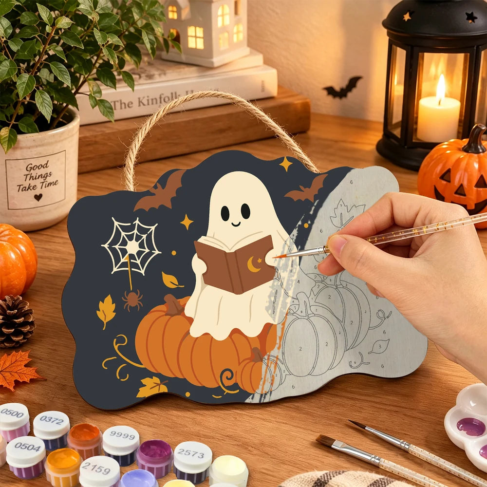 Paint by Numbers - Wooden Door Hanger | Ghost Reading on a Pumpkin