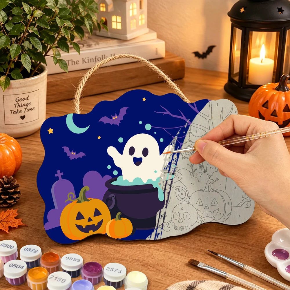 Paint by Numbers - Wooden Door Hanger | Ghost in a Cauldron in the Graveyard