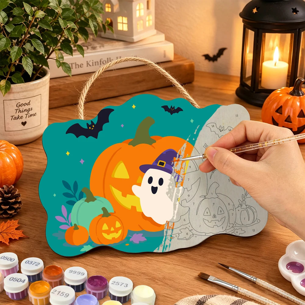 Paint by Numbers - Wooden Door Hanger | Ghost in a Witch Hat with Pumpkins