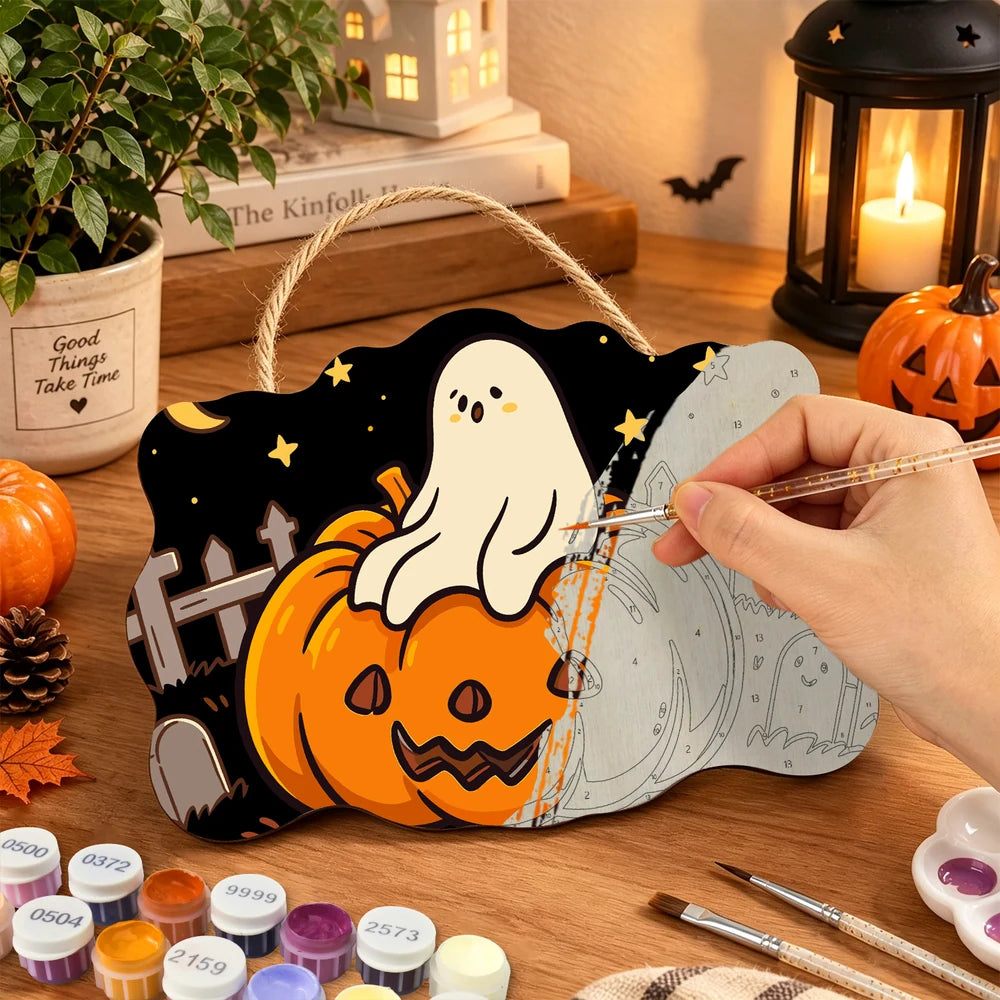 Paint by Numbers - Wooden Door Hanger | Ghost on a Jack-o'-Lantern in the Graveyard