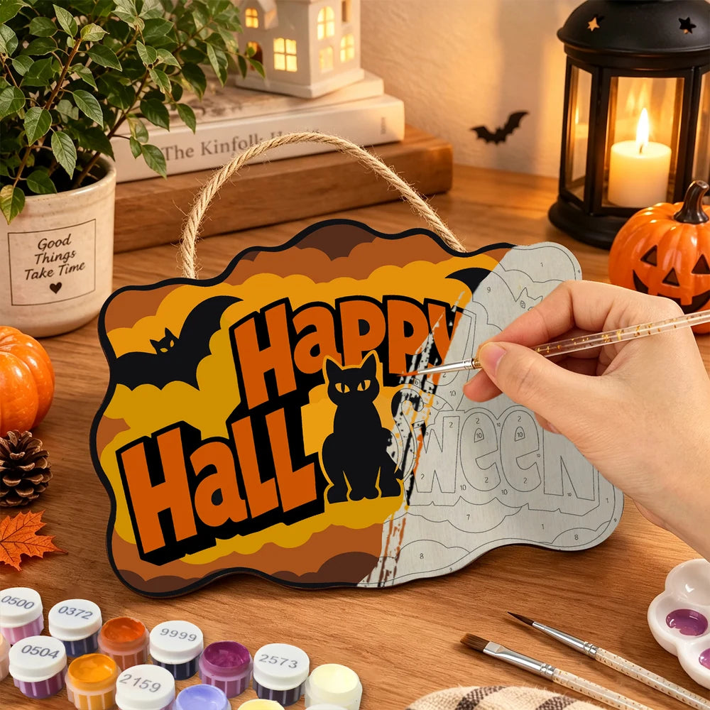 Paint by Numbers - Wooden Door Hanger | Happy Halloween Black Cat