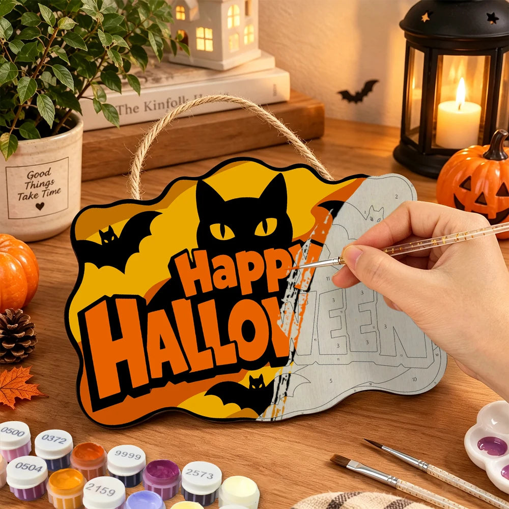 
Paint by Numbers - Wooden Door Hanger | Happy Halloween Black Cat and Bats