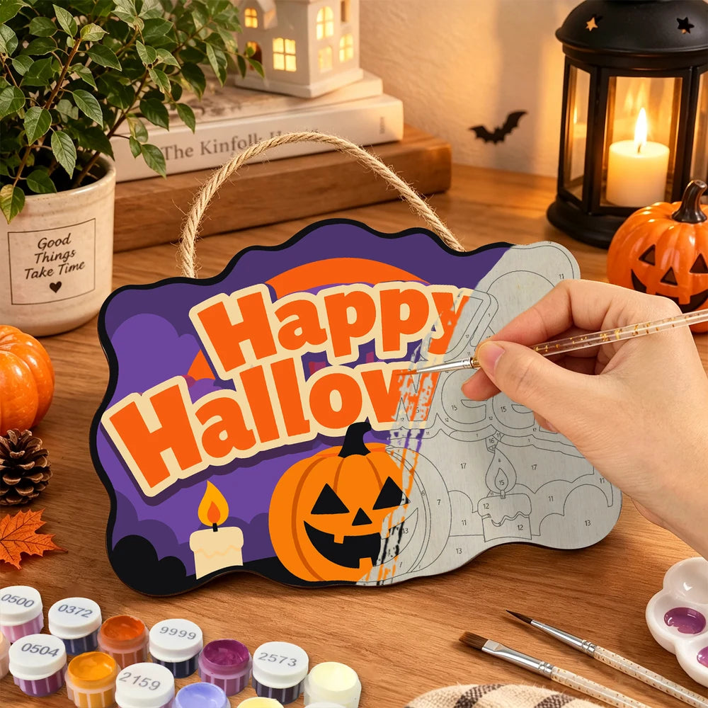 
Paint by Numbers - Wooden Door Hanger | Happy Halloween Candlelit Pumpkin