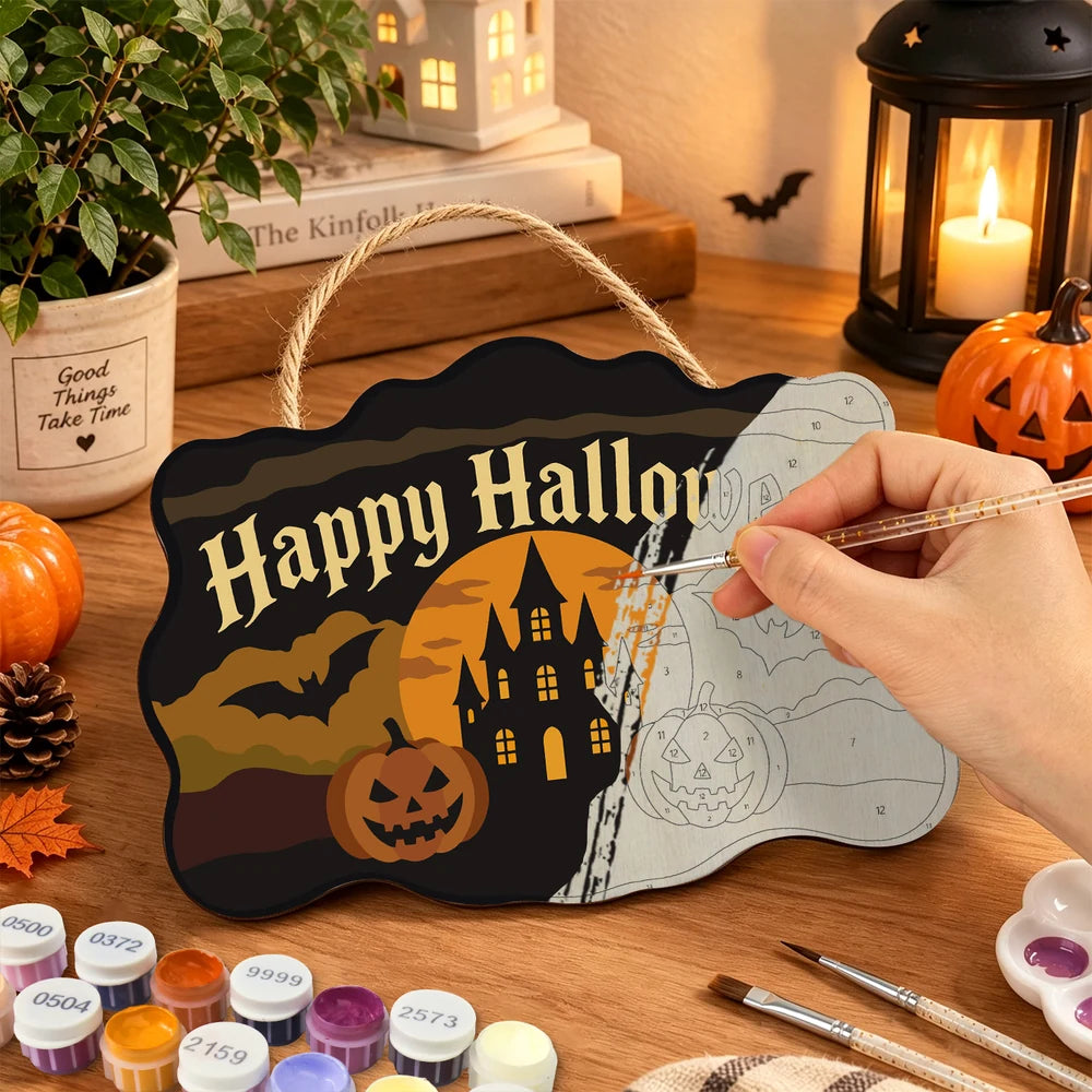 
Paint by Numbers - Wooden Door Hanger | Happy Halloween Castle and Pumpkins