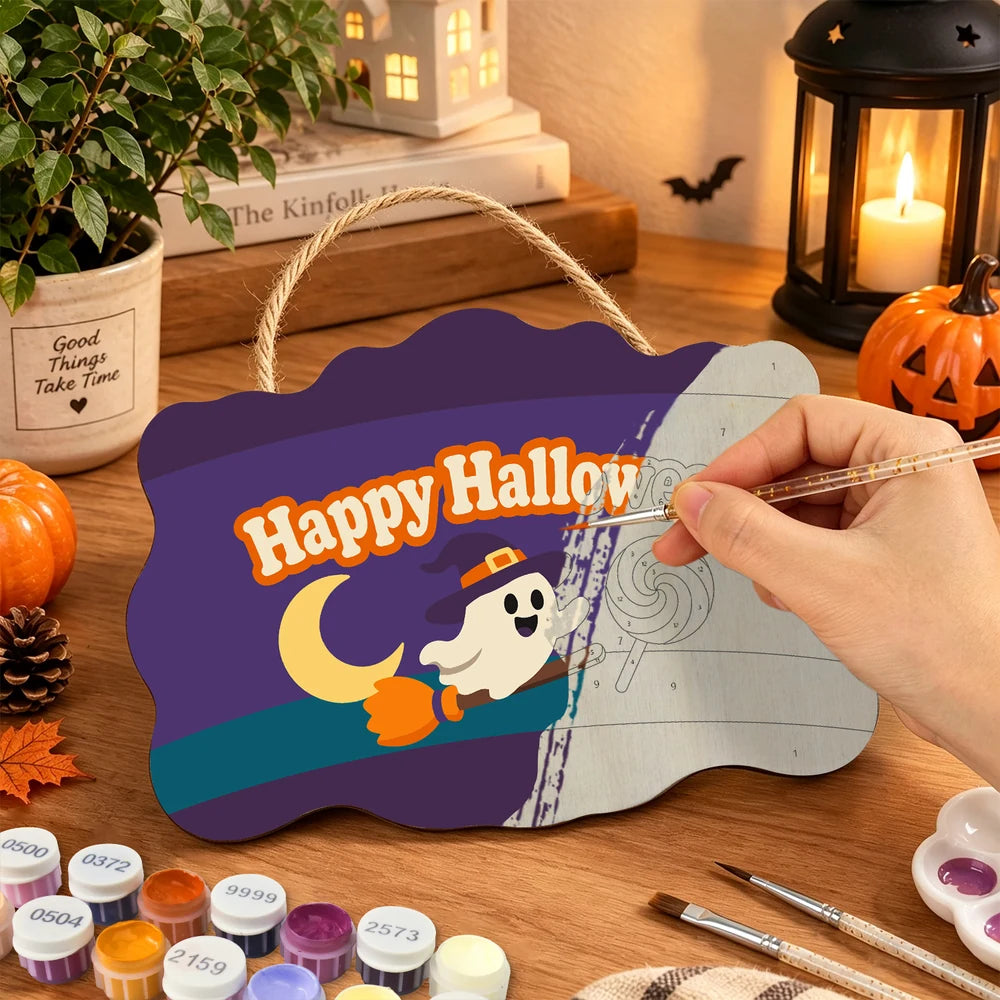
Paint by Numbers - Wooden Door Hanger | Happy Halloween Ghost with a Lollipop
