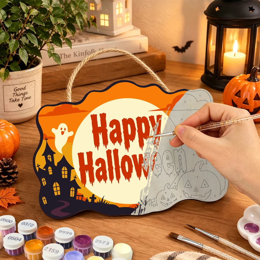 Paint by Numbers - Wooden Door Hanger | Happy Halloween Ghosts in the Moon