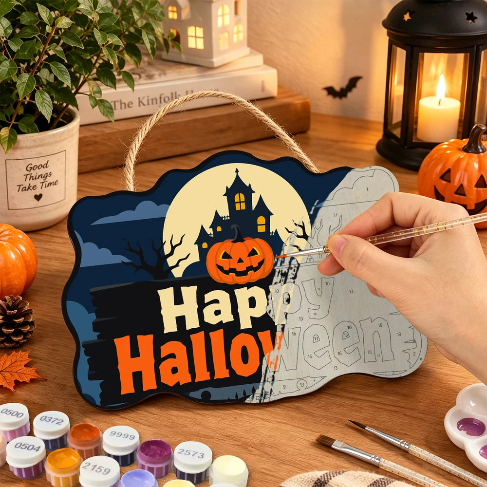 Paint by Numbers - Wooden Door Hanger | Happy Halloween Haunted House Sign