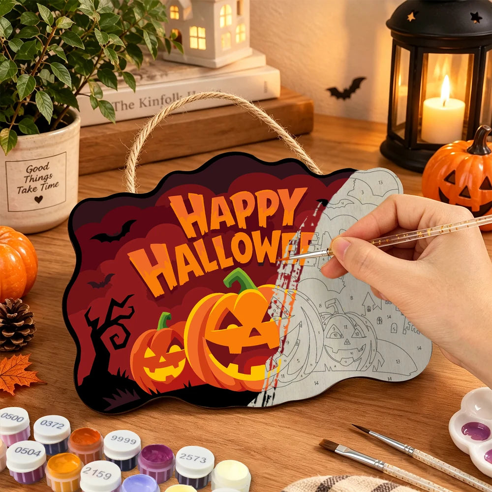 Paint by Numbers - Wooden Door Hanger | Happy Halloween Pumpkin Trio at Night