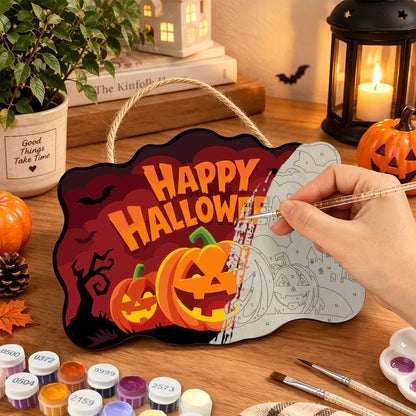 Paint by Numbers - Wooden Door Hanger | Happy Halloween Pumpkin Trio at Night