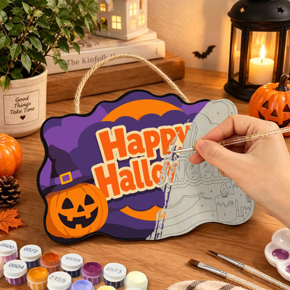 Paint by Numbers - Wooden Door Hanger | Happy Halloween Pumpkin and Candles