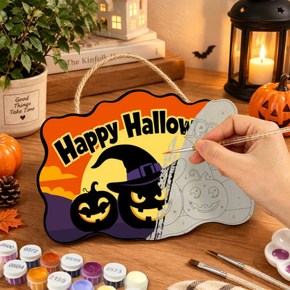 Paint by Numbers - Wooden Door Hanger | Happy Halloween Pumpkin in a Witch Hat