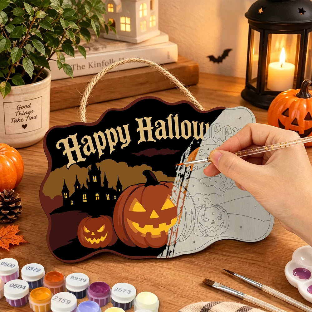 Paint by Numbers - Wooden Door Hanger | Happy Halloween Pumpkins and Castle