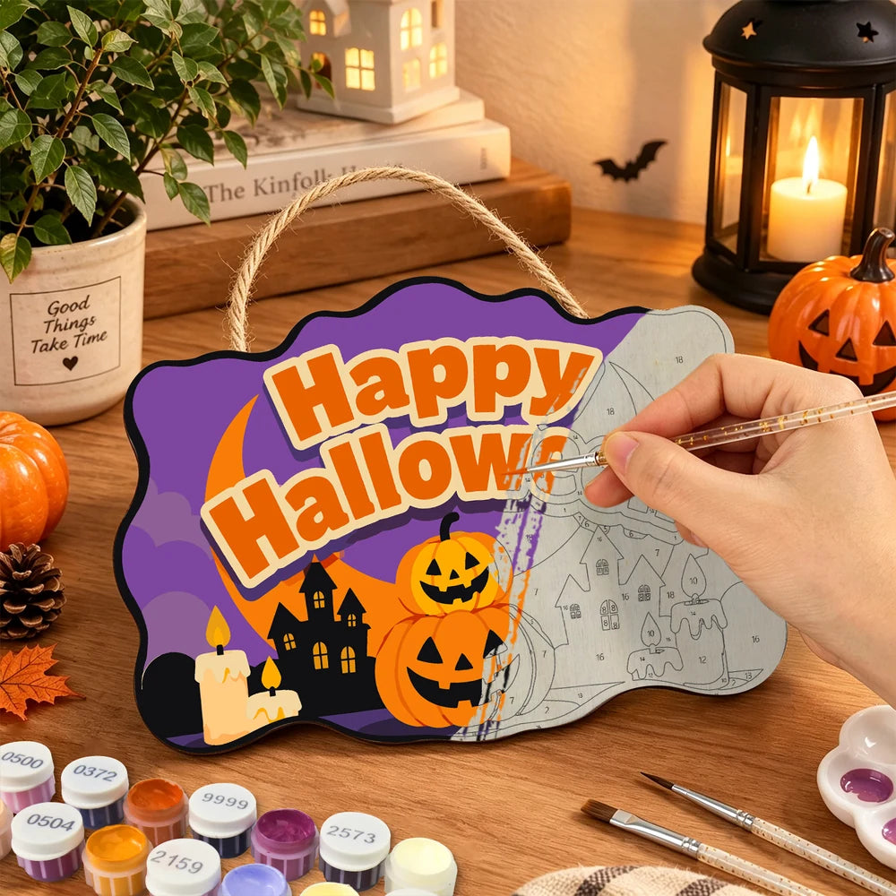 Paint by Numbers - Wooden Door Hanger | Happy Halloween Pumpkins and Haunted Houses
