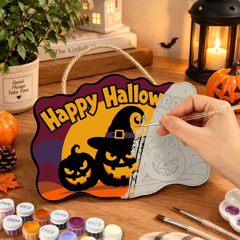 Paint by Numbers - Wooden Door Hanger | Happy Halloween Pumpkins in a Witch Hat