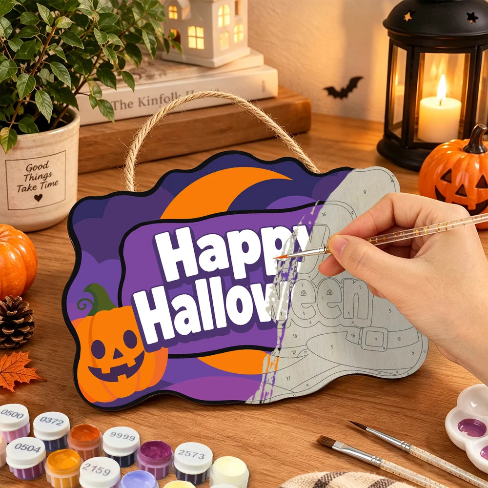 
Paint by Numbers - Wooden Door Hanger | Happy Halloween Purple Pumpkin